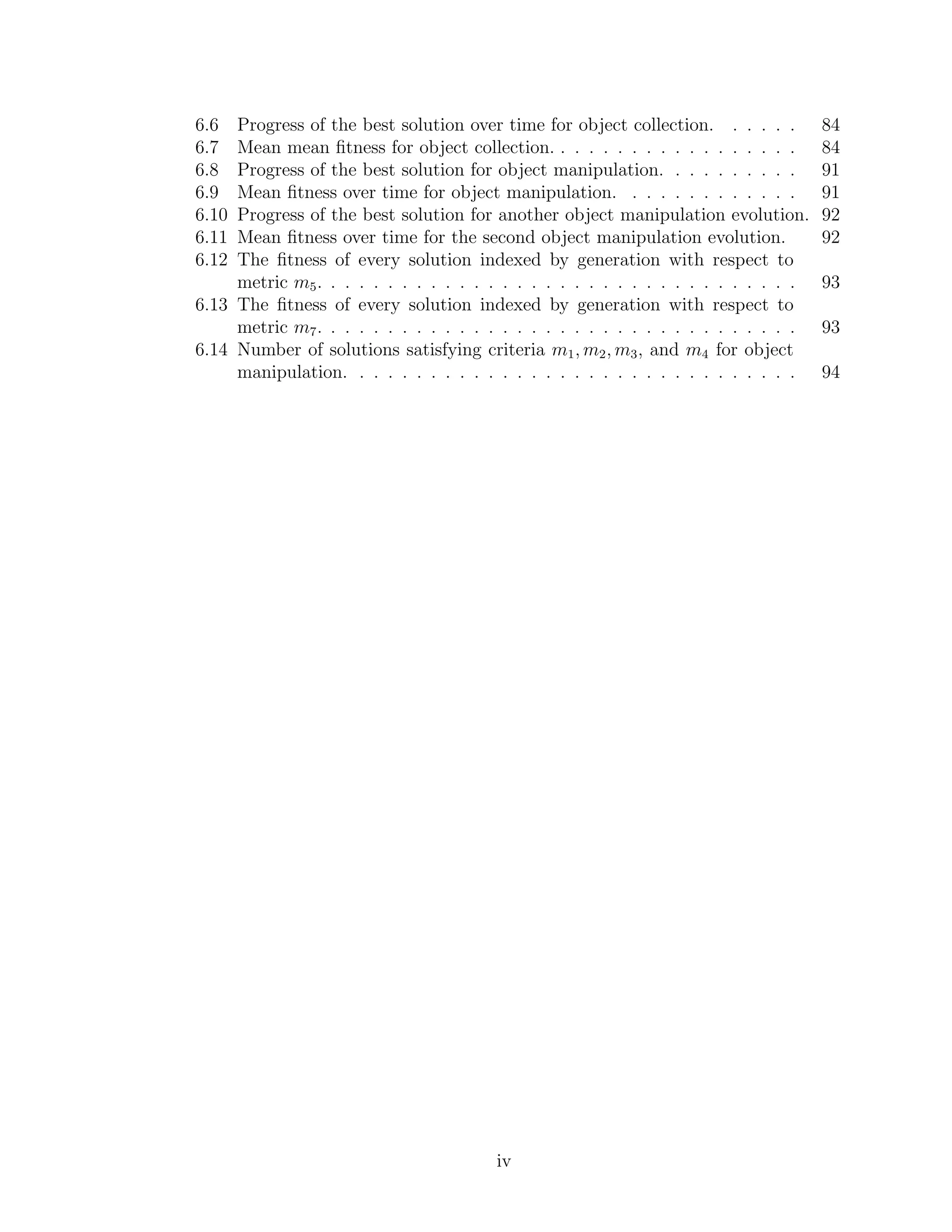 6.6 Progress of the best solution over time for object collection. . . . . . 84
6.7 Mean mean ﬁtness for object collection. . . . . . . . . . . . . . . . . . 84
6.8 Progress of the best solution for object manipulation. . . . . . . . . . 91
6.9 Mean ﬁtness over time for object manipulation. . . . . . . . . . . . . 91
6.10 Progress of the best solution for another object manipulation evolution. 92
6.11 Mean ﬁtness over time for the second object manipulation evolution. 92
6.12 The ﬁtness of every solution indexed by generation with respect to
metric m5. . . . . . . . . . . . . . . . . . . . . . . . . . . . . . . . . . 93
6.13 The ﬁtness of every solution indexed by generation with respect to
metric m7. . . . . . . . . . . . . . . . . . . . . . . . . . . . . . . . . . 93
6.14 Number of solutions satisfying criteria m1, m2, m3, and m4 for object
manipulation. . . . . . . . . . . . . . . . . . . . . . . . . . . . . . . . 94
iv
 