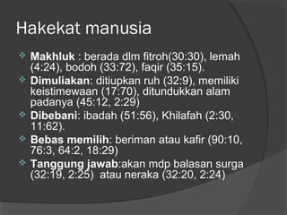 Hakekat manusia







Makhluk : berada dlm fitroh(30:30), lemah
(4:24), bodoh (33:72), faqir (35:15).
Dimuliakan: ditiupkan ruh (32:9), memiliki
keistimewaan (17:70), ditundukkan alam
padanya (45:12, 2:29)
Dibebani: ibadah (51:56), Khilafah (2:30,
11:62).
Bebas memilih: beriman atau kafir (90:10,
76:3, 64:2, 18:29)
Tanggung jawab:akan mdp balasan surga
(32:19, 2:25) atau neraka (32:20, 2:24)

 