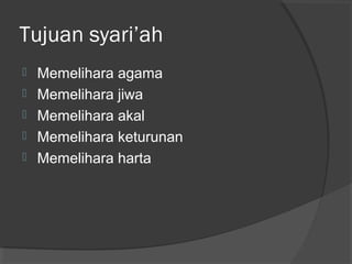 Tujuan syari’ah






Memelihara agama
Memelihara jiwa
Memelihara akal
Memelihara keturunan
Memelihara harta

 