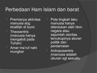 Perbedaan Ham Islam dan barat
Premisnya aktivitas
manusia sbg
khalifah di bumi
 Theosentris
(manusia hanya
mengabdi pada
Tuhan)
 Amar ma’ruf nahi
mungkar


Pola tingkah laku
manusia hanya
ditentukan oleh hkm
negara atau
sejumlah otoritas
tercukupinya aturan
politik dan
perdamaian
 Antroposentris
(manusia adalah
ukuran sgl sesuatu


 
