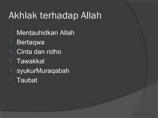 Akhlak terhadap Allah







Mentauhidkan Allah
Bertaqwa
Cinta dan ridho
Tawakkal
syukurMuraqabah
Taubat

 