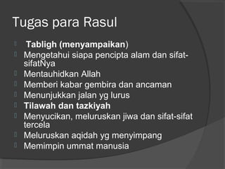 Tugas para Rasul











Tabligh (menyampaikan)
Mengetahui siapa pencipta alam dan sifatsifatNya
Mentauhidkan Allah
Memberi kabar gembira dan ancaman
Menunjukkan jalan yg lurus
Tilawah dan tazkiyah
Menyucikan, meluruskan jiwa dan sifat-sifat
tercela
Meluruskan aqidah yg menyimpang
Memimpin ummat manusia

 