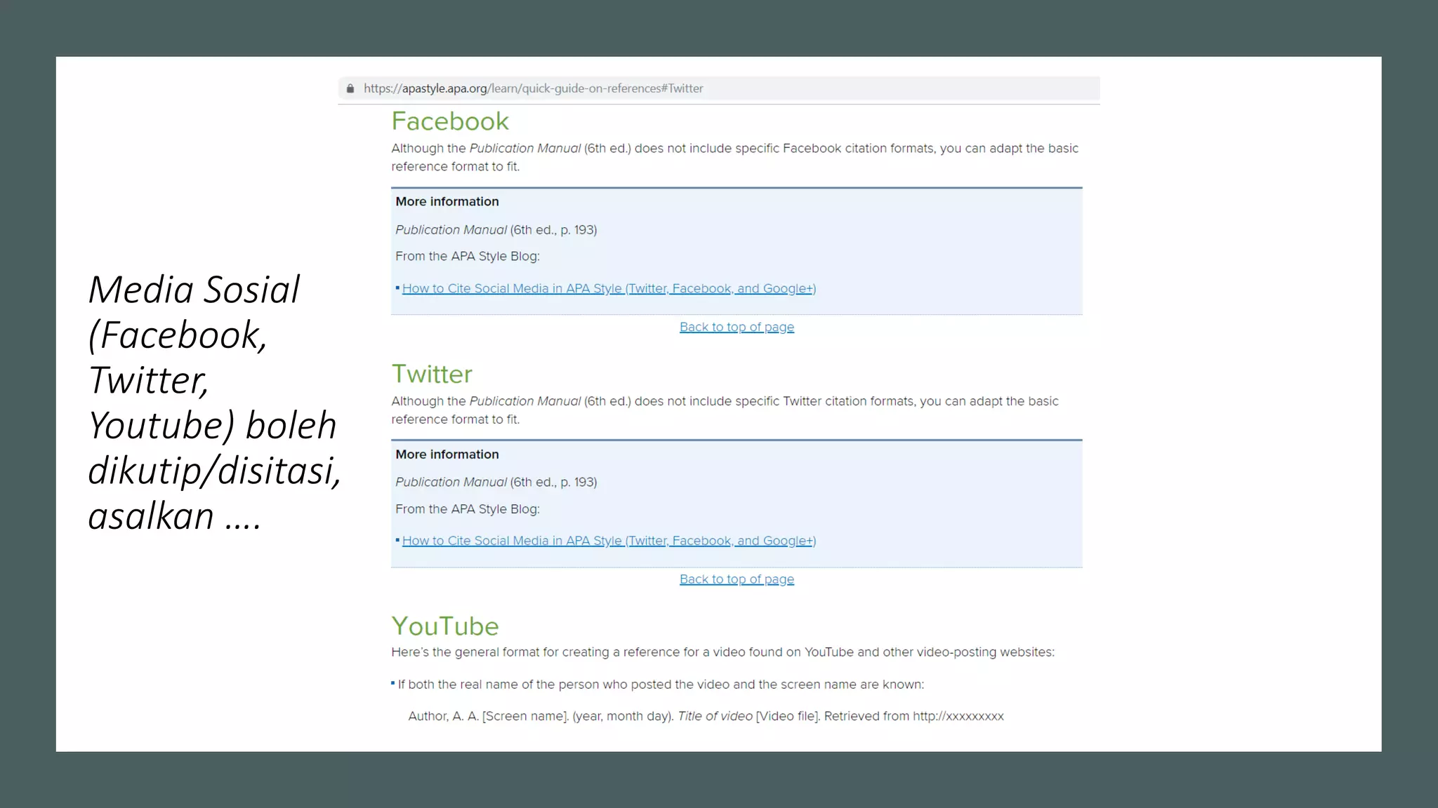 Media Sosial
(Facebook,
Twitter,
Youtube) boleh
dikutip/disitasi,
asalkan ….
 