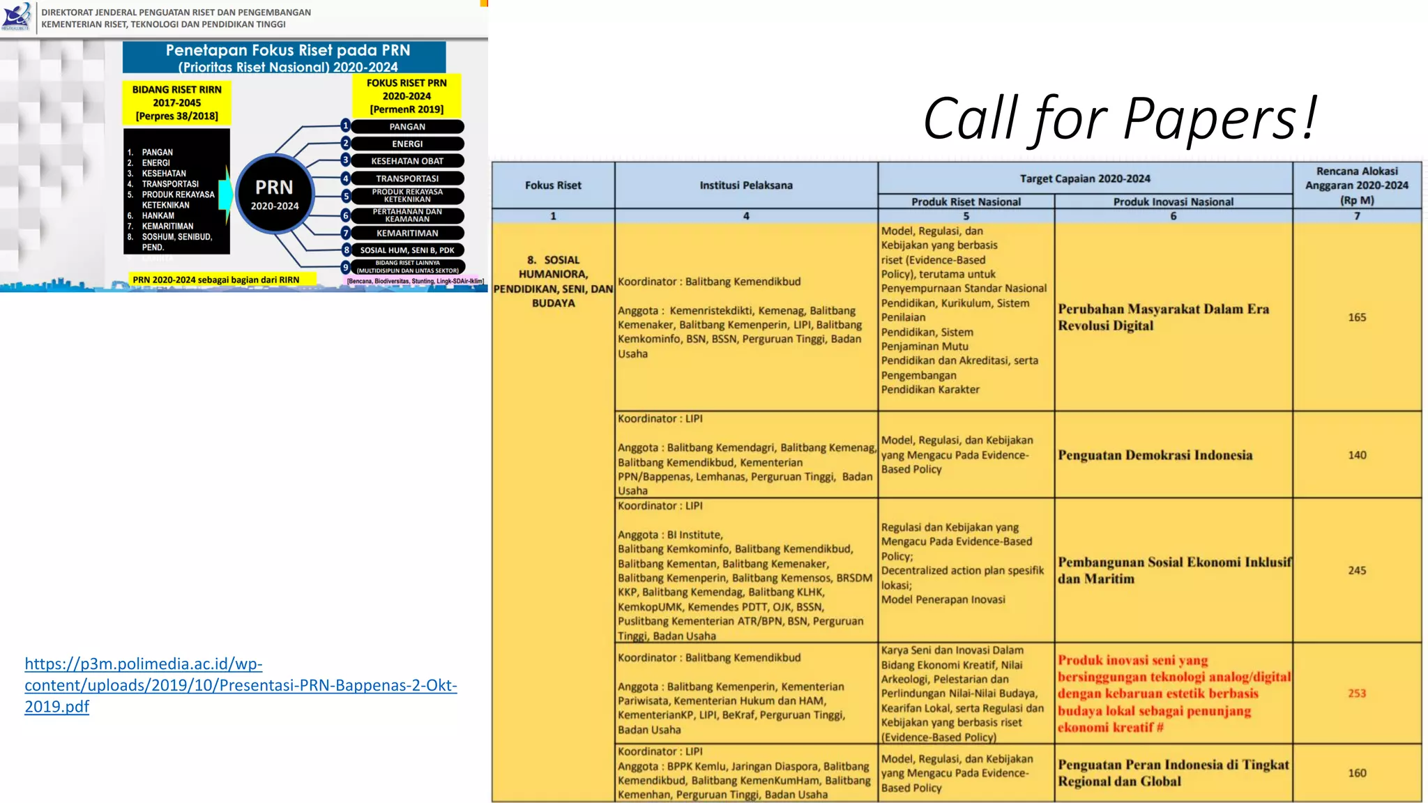 Call for Papers!
https://p3m.polimedia.ac.id/wp-
content/uploads/2019/10/Presentasi-PRN-Bappenas-2-Okt-
2019.pdf
 