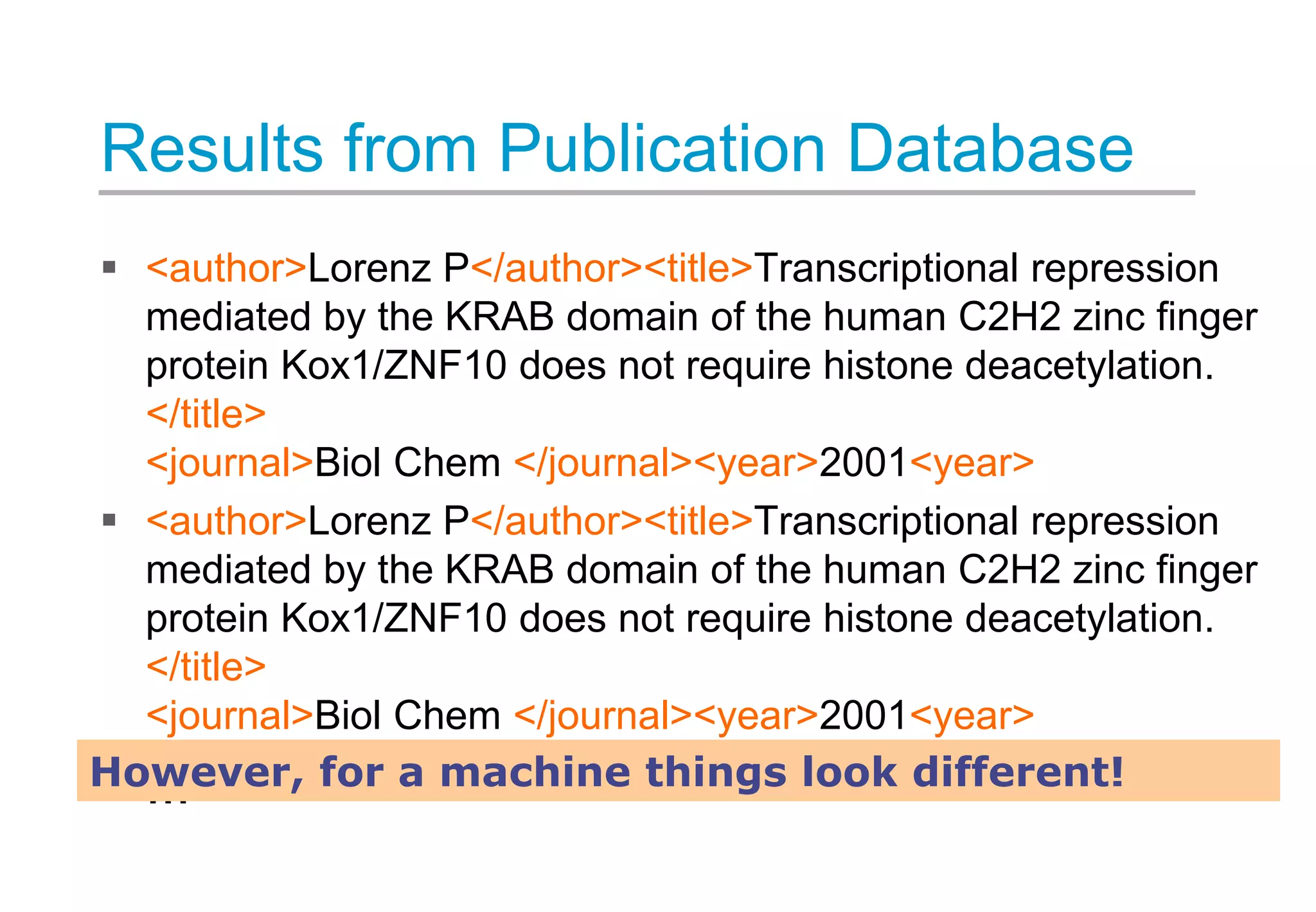 Results from Publication Database
 <author>Lorenz P</author><title>Transcriptional repression
mediated by the KRAB domain of the human C2H2 zinc finger
protein Kox1/ZNF10 does not require histone deacetylation.
</title>
<journal>Biol Chem </journal><year>2001<year>
 <author>Lorenz P</author><title>Transcriptional repression
mediated by the KRAB domain of the human C2H2 zinc finger
protein Kox1/ZNF10 does not require histone deacetylation.
</title>
<journal>Biol Chem </journal><year>2001<year>
 ...However, for a machine things look different!
 