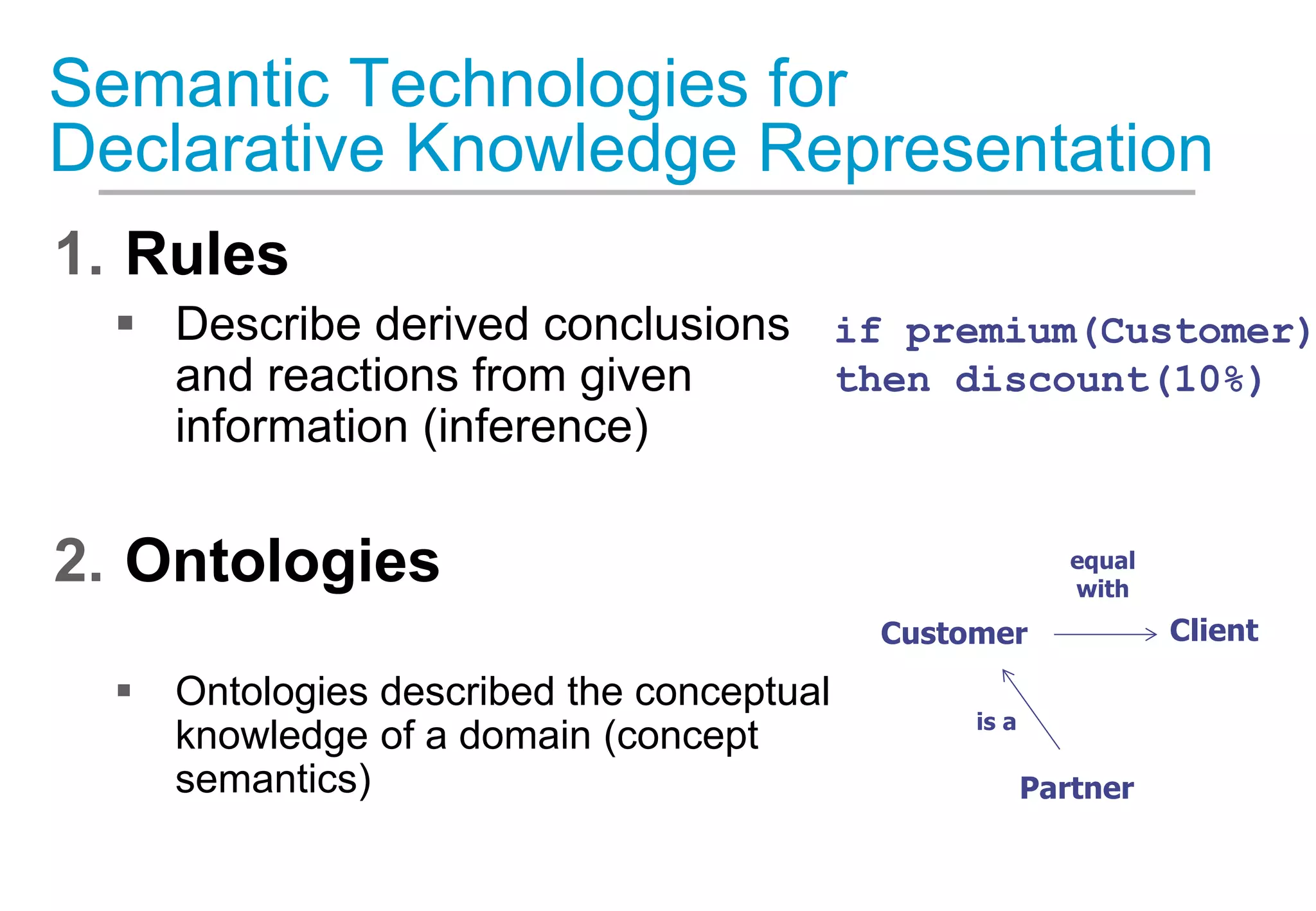 Semantic Technologies for
Declarative Knowledge Representation
1. Rules
 Describe derived conclusions
and reactions from given
information (inference)
2. Ontologies
 Ontologies described the conceptual
knowledge of a domain (concept
semantics) Partner
Customer
is a
equal
with
Client
if premium(Customer)
then discount(10%)
 