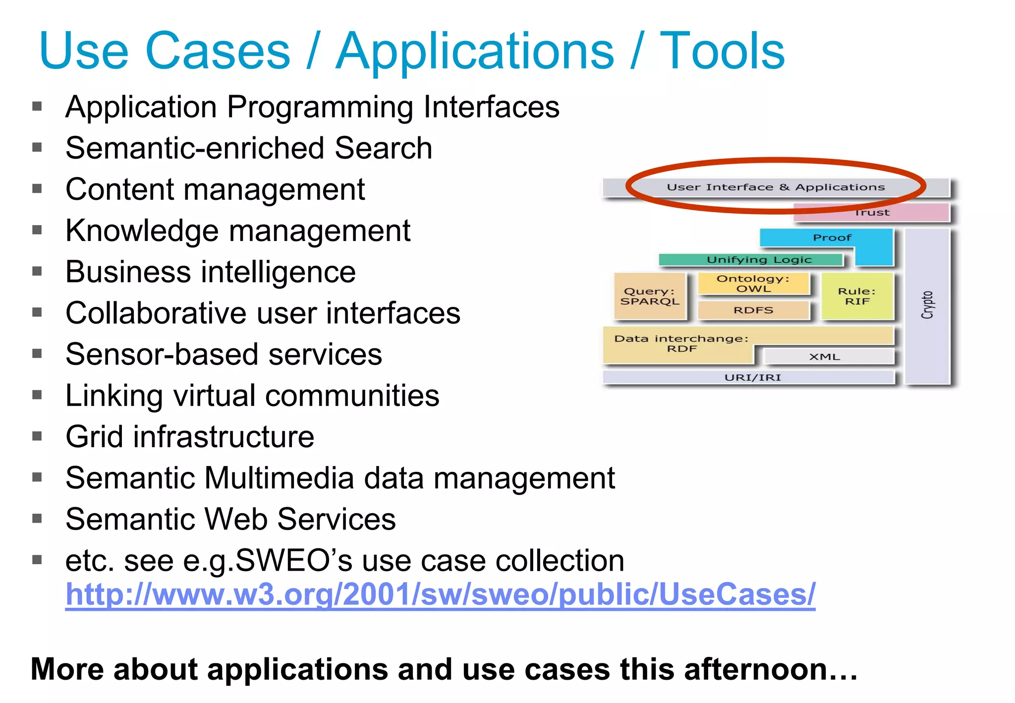 Use Cases / Applications / Tools
 Application Programming Interfaces
 Semantic-enriched Search
 Content management
 Knowledge management
 Business intelligence
 Collaborative user interfaces
 Sensor-based services
 Linking virtual communities
 Grid infrastructure
 Semantic Multimedia data management
 Semantic Web Services
 etc. see e.g.SWEO’s use case collection
http://www.w3.org/2001/sw/sweo/public/UseCases/
More about applications and use cases this afternoon…
 