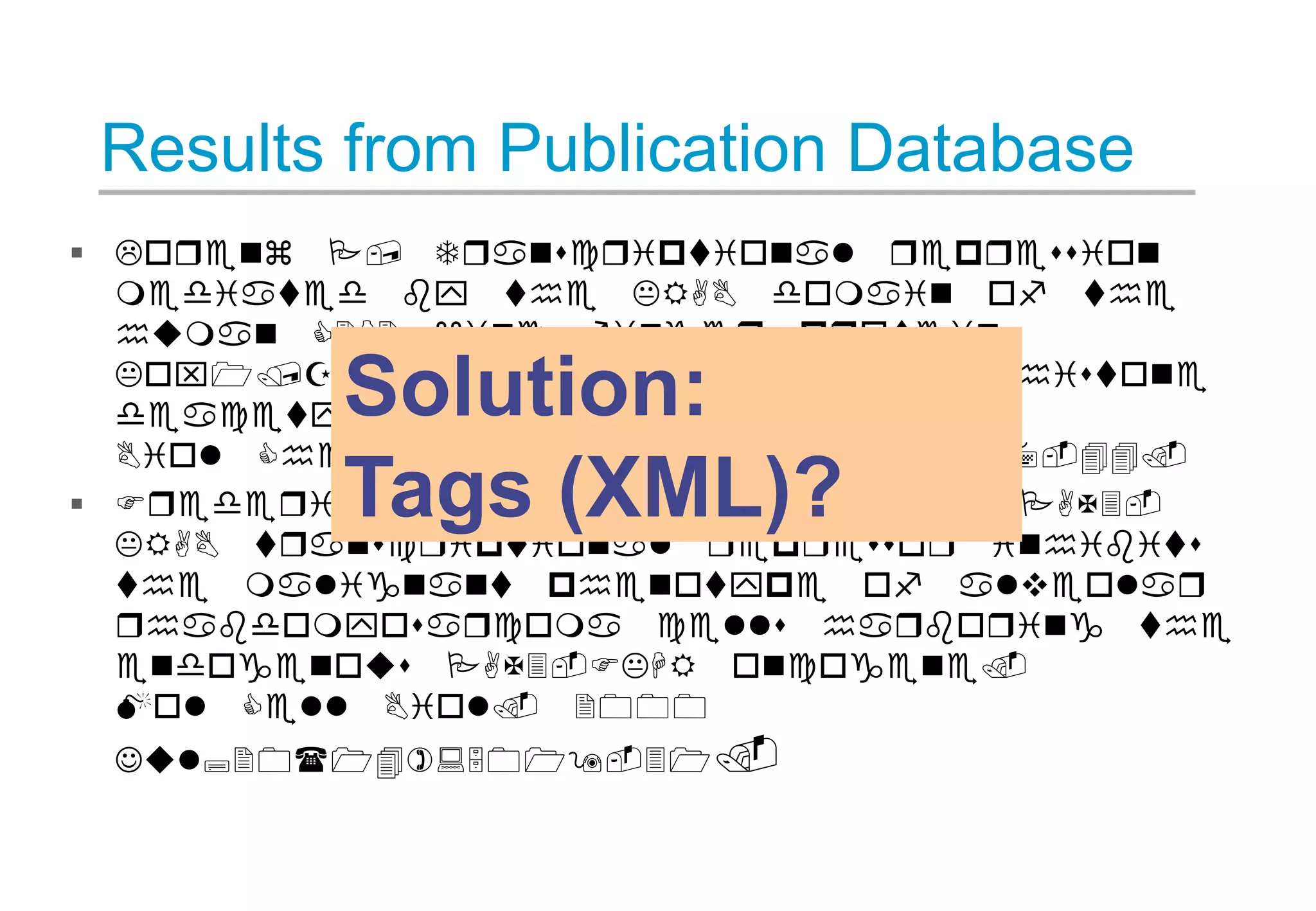 Results from Publication Database
 Lorenz P, Transcriptional repression
mediated by the KRAB domain of the
human C2H2 zinc finger protein
Kox1/ZNF10 does not require histone
deacetylation.
Biol Chem. 2001 Apr;382(4):637-44.
 Fredericks WJ. An engineered PAX3-
KRAB transcriptional repressor inhibits
the malignant phenotype of alveolar
rhabdomyosarcoma cells harboring the
endogenous PAX3-FKHR oncogene.
Mol Cell Biol. 2000
Jul;20(14):5019-31.
Solution:
Tags (XML)?
 