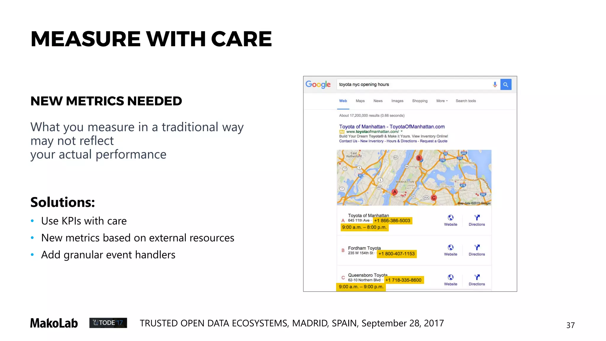 37TRUSTED OPEN DATA ECOSYSTEMS, MADRID, SPAIN, September 28, 2017
What you measure in a traditional way
may not reflect
your actual performance
Solutions:
• Use KPIs with care
• New metrics based on external resources
• Add granular event handlers
MEASURE WITH CARE
NEW METRICS NEEDED
 
