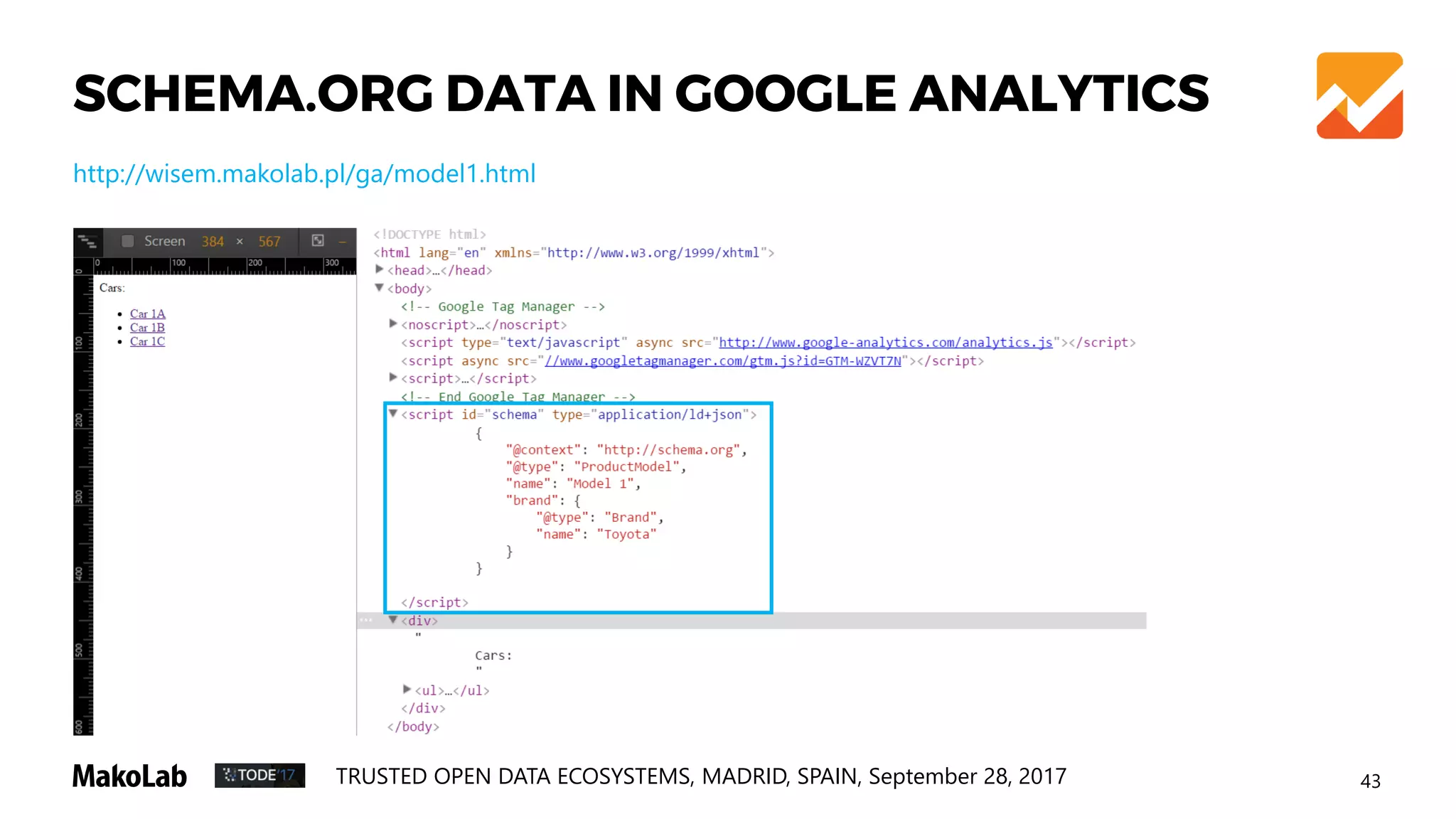 43TRUSTED OPEN DATA ECOSYSTEMS, MADRID, SPAIN, September 28, 2017
SCHEMA.ORG DATA IN GOOGLE ANALYTICS
http://wisem.makolab.pl/ga/model1.html
 