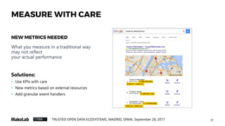 37TRUSTED OPEN DATA ECOSYSTEMS, MADRID, SPAIN, September 28, 2017
What you measure in a traditional way
may not reflect
your actual performance
Solutions:
• Use KPIs with care
• New metrics based on external resources
• Add granular event handlers
MEASURE WITH CARE
NEW METRICS NEEDED
 