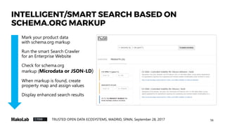 59TRUSTED OPEN DATA ECOSYSTEMS, MADRID, SPAIN, September 28, 2017
SEARCH AGAINST BOTH CONCEPTS AND THEIR PROPERTIES’ VALUES
The real values taken from existing data found
by crawler within the marked website pages
INTELLIGENT/SMART SEARCH BASED ON
SCHEMA.ORG MARKUP
 