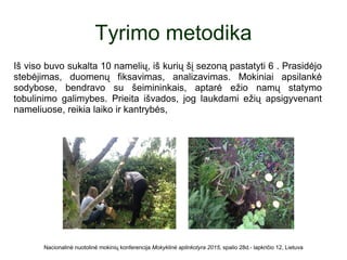 Tyrimo metodika
Iš viso buvo sukalta 10 namelių, iš kurių šį sezoną pastatyti 6 . Prasidėjo
stebėjimas, duomenų fiksavimas, analizavimas. Mokiniai apsilankė
sodybose, bendravo su šeimininkais, aptarė ežio namų statymo
tobulinimo galimybes. Prieita išvados, jog laukdami ežių apsigyvenant
nameliuose, reikia laiko ir kantrybės,
Nacionalinė nuotolinė mokinių konferencija Mokyklinė aplinkotyra 2015, spalio 28d.- lapkričio 12, Lietuva
 