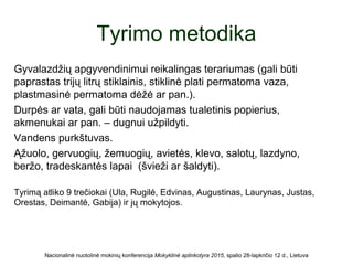 Tyrimo metodika
Gyvalazdžių apgyvendinimui reikalingas terariumas (gali būti
paprastas trijų litrų stiklainis, stiklinė plati permatoma vaza,
plastmasinė permatoma dėžė ar pan.).
Durpės ar vata, gali būti naudojamas tualetinis popierius,
akmenukai ar pan. – dugnui užpildyti.
Vandens purkštuvas.
Ąžuolo, gervuogių, žemuogių, avietės, klevo, salotų, lazdyno,
beržo, tradeskantės lapai (švieži ar šaldyti).
Tyrimą atliko 9 trečiokai (Ula, Rugilė, Edvinas, Augustinas, Laurynas, Justas,
Orestas, Deimantė, Gabija) ir jų mokytojos.
Nacionalinė nuotolinė mokinių konferencija Mokyklinė aplinkotyra 2015, spalio 28-lapkričio 12 d., Lietuva
 