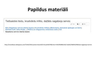Papildus materiāli
http://manaklase.wikispaces.com/Tie%C5%A1saistes+testu%2C+krustv%C4%81rdu+m%C4%ABklu%2C+da%C5%BE%C4%81du+sagatavju+servisi.
 
