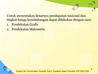 Untuk menentukan besarnya pendapatan nasional dan
tingkat bunga keseimbangan dapat dilakukan dengan cara:
1. Pendekatan Grafis
2. Pendekatan Matemetis.
6
Subagyo, dkk. Ekonomi Makro Pengantar, Edisi 2. Yogyakarta: Bagian Penerbitan STIE YKPN, 2004.
 