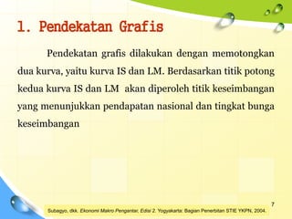 1. Pendekatan Grafis
7
Pendekatan grafis dilakukan dengan memotongkan
dua kurva, yaitu kurva IS dan LM. Berdasarkan titik potong
kedua kurva IS dan LM akan diperoleh titik keseimbangan
yang menunjukkan pendapatan nasional dan tingkat bunga
keseimbangan
Subagyo, dkk. Ekonomi Makro Pengantar, Edisi 2. Yogyakarta: Bagian Penerbitan STIE YKPN, 2004.
 