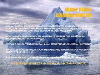 KONSEP DASAR  KEBIJAKAN MONETER KEBIJAKAN MONETER  ADALAH TINDAKAN PEMERINTAH (ATAU BANK SENTRAL) UNTUK MEMPENGARUHI SITUASI MAKRO YANG DILAKSANAKAN MELALUI PROSES PERUBAHAN JUMLAH UANG BEREDAR ATAU PROSES PENCIPTAAN UANG BEREDAR YANG DILAKUKAN MELALUI PASAR UANG DENGAN MEMPENGARUHI JUMLAH UANG YANG BEREDAR MAKA AKAN MEMPENGARUHI TINGKAT BUNGA TINGKAT BUNGA YANG BERUBAH AKAN MEMPENGARUHI JUMLAH INVESTASI INVESTASI YANG BERUBAH AKAN MEMPENGARUHI PERMINTAAN AGREGAT (INGAT !    Z = C + I + G) PERMINTAAN AGREGAT BERUBAH AKAN MEMPENGARUHI  P DAN Q (GDP) KEBIJAKAN MONETER    Ms   r    I    Z    P,Q (GDP)    