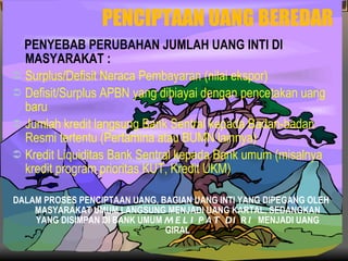 PENCIPTAAN UANG BEREDAR PENYEBAB PERUBAHAN JUMLAH UANG INTI DI MASYARAKAT : Surplus/Defisit Neraca Pembayaran (nilai ekspor) Defisit/Surplus APBN yang dibiayai dengan pencetakan uang baru Jumlah kredit langsung Bank Sentral kepada Badan-badan Resmi tertentu (Pertamina atau BUMN lainnya) Kredit Liquiditas Bank Sentral kepada Bank umum (misalnya kredit program prioritas KUT, Kredit UKM) DALAM PROSES PENCIPTAAN UANG, BAGIAN UANG INTI YANG DIPEGANG OLEH MASYARAKAT UMUM LANGSUNG MENJADI UANG KARTAL, SEDANGKAN YANG DISIMPAN DI BANK UMUM  MELIPAT DIRI  MENJADI UANG GIRAL 