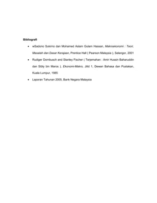 Bibliografi
• wSadono Sukirno dan Mohamed Aslam Gulam Hassan, Makroekonomi : Teori,
Masalah dan Dasar Kerajaan, Prentice Hall ( Pearson Malaysia ), Selangor, 2001
• Rudiger Dornbusch and Stanley Fischer ( Terjemahan : Amir Hussin Baharuddin
dan Sibly bin Maros ), Ekonomi-Makro, Jilid 1, Dewan Bahasa dan Pustakan,
Kuala Lumpur, 1985
• Laporan Tahunan 2005, Bank Negara Malaysia
 