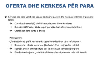 OFERTA DHE KERKESA PËR PARA
 Kërkesa për para varet nga sasia e kërkuar e parave dhe norma e interesit (figura më
lartë):
 Kur rritet interesi (i ) bie kërkesa për para dhe e kunderta
 Kur rritet GDP rritet kërkesa për para (kurba L zhvendoset djathtas)
 Oferta për para është e dhënë
Për ilustrim:
Çfarë ndodh në grafik nëse Banka Qendrore dëshiron të ul inflacionin?
 Reduktohet oferta monetare (kurba Ms lëviz majtas dhe rritet i)
 Njerëzit shesin aktivet e tyre për të plotësuar kërkesën për para
 Kjo shpie në uljen e çmimit të aktiveve dhe rritjen e normës së interesit
 