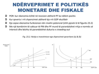 NDËRVEPRIMET E POLITIKËS
MONETARE DHE FISKALE
 POR: kur ekonomia është në recesion atëherë PF ka ndikim pozitiv
 Kur qeveria i rrit shpenzimet atëherë kjo rrit GDP ekuilibër
 Kjo sepse ekonomia funksionon nën nivelin potencial (shih pjesën b të figurës 23.2)
 Me një kombinim të caktuar të PM dhe PF mund të parandalohet rritja e normës së
interesit dhe kështu të parandalohet dukuria e crowding-out
Fig. 23.2. Nxitja e investimeve nga shpenzimet qeveritare (a) & (b)
 