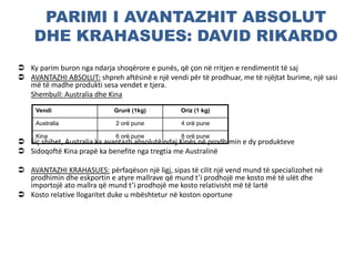 PARIMI I AVANTAZHIT ABSOLUT
DHE KRAHASUES: DAVID RIKARDO
 Ky parim buron nga ndarja shoqërore e punës, që çon në rritjen e rendimentit të saj
 AVANTAZHI ABSOLUT: shpreh aftësinë e një vendi për të prodhuar, me të njëjtat burime, një sasi
më të madhe produkti sesa vendet e tjera.
Shembull: Australia dhe Kina
 Siç shihet, Australia ka avantazh absolutë ndaj Kinës në prodhimin e dy produkteve
 Sidoqoftë Kina prapë ka benefite nga tregtia me Australinë
 AVANTAZHI KRAHASUES: përfaqëson një ligj, sipas të cilit një vend mund të specializohet në
prodhimin dhe eskportin e atyre mallrave që mund t’i prodhojë me kosto më të ulët dhe
importojë ato mallra që mund t’i prodhojë me kosto relativisht më të lartë
 Kosto relative llogaritet duke u mbështetur në koston oportune
Vendi Grurë (1kg) Oriz (1 kg)
Australia 2 orë pune 4 orë pune
Kina 6 orë pune 8 orë pune
 