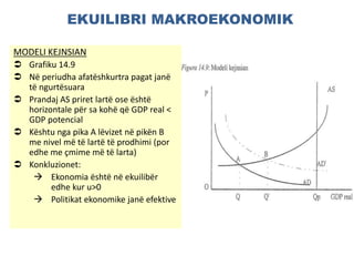 EKUILIBRI MAKROEKONOMIK
MODELI KEJNSIAN
 Grafiku 14.9
 Në periudha afatëshkurtra pagat janë
të ngurtësuara
 Prandaj AS priret lartë ose është
horizontale për sa kohë që GDP real <
GDP potencial
 Kështu nga pika A lëvizet në pikën B
me nivel më të lartë të prodhimi (por
edhe me çmime më të larta)
 Konkluzionet:
 Ekonomia është në ekuilibër
edhe kur u>0
 Politikat ekonomike janë efektive
 