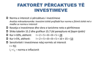 FAKTORËT PËRCAKTUES TË
INVESTIMEVE
 Norma e interesit si përcaktues i investimeve
Analiza mikroekonomike: Investimi është profitabil kur norma e fitimit është më e
madhe se norma e interesit
 Kosotja e investimeve dhe vlera e tanishme neto e përfitimeve
 Shiko tabelën 15.2 dhe grafikun 15.7 (të paraqitura në faqen tjetër)
 Kur i=10%, atëherë: I = 2 + 5 + 8 + 8 + 5 = 28
 Kur i=5%, atëherë: I = 2 + 5 + 8 + 8 + 5 + 10 + 15 = 53
 Sensitiviteti i investimeve ndaj normës së interesit
I = f(i)
ir = in – norma e inflacionit
 