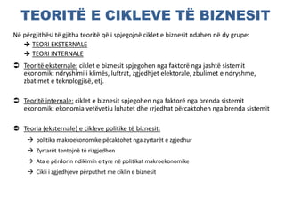 TEORITË E CIKLEVE TË BIZNESIT
Në përgjithësi të gjitha teoritë që i spjegojnë ciklet e biznesit ndahen në dy grupe:
 TEORI EKSTERNALE
 TEORI INTERNALE
 Teoritë eksternale: ciklet e biznesit spjegohen nga faktorë nga jashtë sistemit
ekonomik: ndryshimi i klimës, luftrat, zgjedhjet elektorale, zbulimet e ndryshme,
zbatimet e teknologjisë, etj.
 Teoritë internale: ciklet e biznesit spjegohen nga faktorë nga brenda sistemit
ekonomik: ekonomia vetëvetiu luhatet dhe rrjedhat përcaktohen nga brenda sistemit
 Teoria (eksternale) e cikleve politike të biznesit:
 politika makroekonomike pëcaktohet nga zyrtarët e zgjedhur
 Zyrtarët tentojnë të rizgjedhen
 Ata e përdorin ndikimin e tyre në politikat makroekonomike
 Cikli i zgjedhjeve përputhet me ciklin e biznesit
 