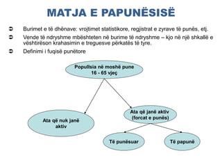 MATJA E PAPUNËSISË
 Burimet e të dhënave: vrojtimet statistikore, regjistrat e zyrave të punës, etj.
 Vende të ndryshme mbështeten në burime të ndryshme – kjo në një shkallë e
vështirëson krahasimin e treguesve përkatës të tyre.
 Definimi i fuqisë punëtore
Popullsia në moshë pune
16 - 65 vjeç
Ata që nuk janë
aktiv
Të punësuar
Ata që janë aktiv
(forcat e punës)
Të papunë
 