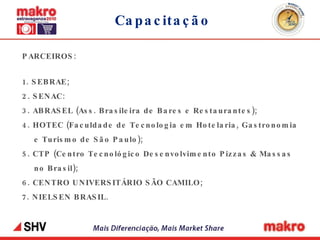 Capacitação PARCEIROS: 1. SEBRAE; 2. SENAC: 3. ABRASEL (Ass. Brasileira de Bares e Restaurantes); 4. HOTEC (Faculdade de Tecnologia em Hotelaria, Gastronomia e Turismo de São Paulo);  5. CTP (Centro Tecnológico Desenvolvimento Pizzas & Massas no Brasil); 6. CENTRO UNIVERSITÁRIO SÃO CAMILO; 7. NIELSEN BRASIL. 