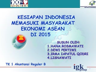 KESIAPAN INDONESIA
MEMASUKI MASYARAKAT
EKONOMI ASEAN
DI 2015
1
TK 1 Akuntansi Reguler B
 