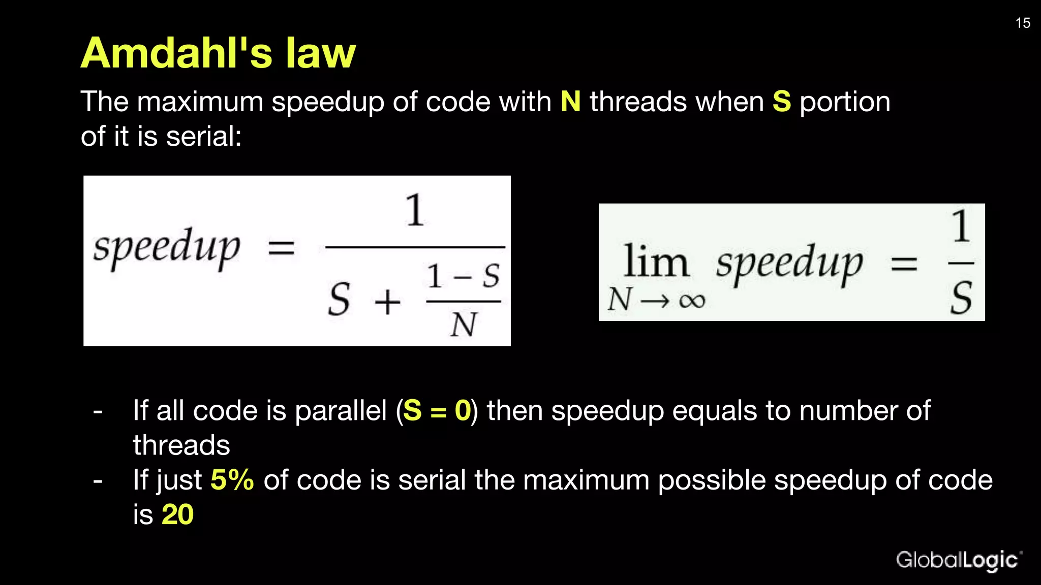 Amdahl's law The maximum speedup of code with N threads when S portion of it is serial: - If all code is parallel (S = 0) then speedup equals to number of threads - If just 5% of code is serial the maximum possible speedup of code is 20 15 