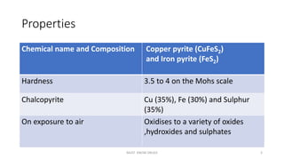 Properties
Chemical name and Composition Copper pyrite (CuFeS2)
and Iron pyrite (FeS2)
Hardness 3.5 to 4 on the Mohs scale
Chalcopyrite Cu (35%), Fe (30%) and Sulphur
(35%)
On exposure to air Oxidises to a variety of oxides
,hydroxides and sulphates
MUST KNOW DRUGS 3
 