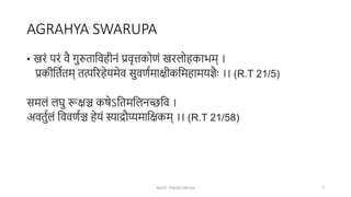 AGRAHYA SWARUPA
• खरं परं वै गुरुताक्षवहीनं प्रवृत्तकोर्ं खरलोहकाभम् ।
प्रकीक्षतणतम् तत्पररहेयमेव सुवर्णमािीकक्षमहामयज्ैः ।। (R.T 21/5)
समलं लघु रूिञ्च कषेऽक्षतमक्षलनच्छक्षव ।
अवतुणलं क्षववर्णञ्च हेयं स्याद्रौप्यमाक्षिकम् ।। (R.T 21/58)
MUST KNOW DRUGS 7
 