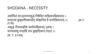 SHODANA - NECESSITY
अशोक्षधतं वाऽमृतमप्यशुद्धं क्षनषेक्षवतं माक्षिकमक्षिबाधाम् ।
मन्दानलं क
ु ष्ठहलीमकादीन् कोष्ठाक्षनलं वै जनयेक्षितािम् ।। (R.T
21/6)
अशुद्धं रौप्यमािीक
ं स्वर्णमाक्षिकवद् भृशम् ।
जनयत्याशु मन्दाक्षनं तथा क
ु ष्ठाक्षदकान् गदान् ।।
(R. T. 21/59)
MUST KNOW DRUGS 8
 