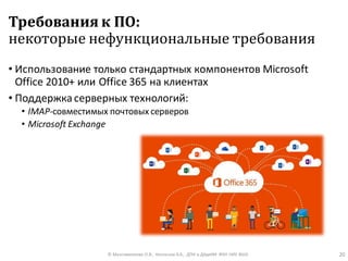 Требования к ПО:
некоторые нефункциональные требования
• Использование только стандартных компонентов Microsoft
Office 2010+ или Office 365 на клиентах
• Поддержкасерверных технологий:
• IMAP-совместимых почтовых серверов
• Microsoft Exchange
© Максименкова О.В., Незнанов А.А., ДПИ и ДАдиИИ ФКН НИУ ВШЭ 20
 