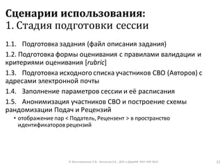 Сценарии использования:
1. Стадия подготовки сессии
1.1. Подготовка задания (файл описания задания)
1.2. Подготовка формы оценивания с правилами валидации и
критериями оценивания [rubric]
1.3. Подготовка исходного списка участников СВО (Авторов) с
адресами электронной почты
1.4. Заполнение параметров сессии и её расписания
1.5. Анонимизация участников СВО и построение схемы
рандомизации Подач и Рецензий
• отображение пар < Податель, Рецензент > в пространство
идентификаторов рецензий
© Максименкова О.В., Незнанов А.А., ДПИ и ДАдиИИ ФКН НИУ ВШЭ 22
 