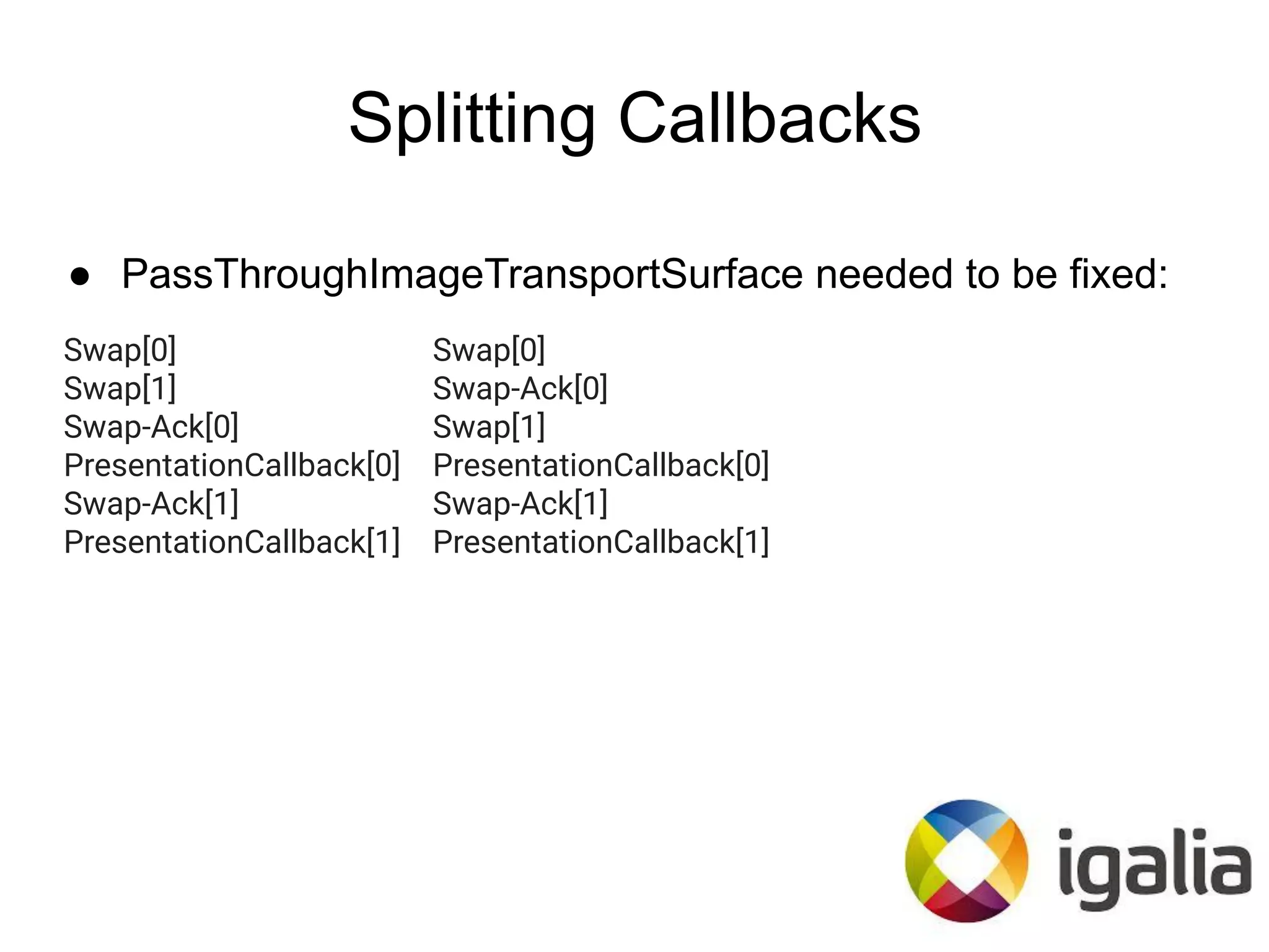 Splitting Callbacks
● PassThroughImageTransportSurface needed to be fixed:
Swap[0]
Swap[1]
Swap-Ack[0]
PresentationCallback[0]
Swap-Ack[1]
PresentationCallback[1]
Swap[0]
Swap-Ack[0]
Swap[1]
PresentationCallback[0]
Swap-Ack[1]
PresentationCallback[1]
 