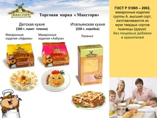 Итальянская кухня  ( 250 г, коробка) Торговая марка «Макстори»  Детская кухня ( 30 0 г, пакет  пленка) Макаронные изделия «Африка» Лазанья Макаронные изделия «Азбука» ГОСТ Р 51865 – 2002,  макаронные изделия группы А, высший сорт, изготавливаются из муки твердых сортов пшеницы (дурум)  без пищевых добавок  и красителей 