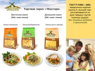 Восточная кухня  ( 2 50 г, пакет пленка)  Торговая марка «Макстори»  Домашняя кухня ( 250 г, пакет  пленка)  Лапша бесбармачная Лапша лагманная Лапша супа и гарнира ГОСТ Р 51865 – 2002,  макаронные изделия группы А, высший сорт, изготавливаются из муки твердых сортов пшеницы (дурум)  без пищевых добавок  и красителей 