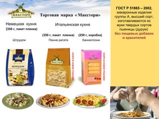 Немецкая  кухня ( 3 5 0 г, пакет пленка) Торговая марка «Макстори»  Итальянская кухня Штрудли ГОСТ Р 51865 – 2002,  макаронные изделия группы А, высший сорт, изготавливаются из муки твердых сортов пшеницы (дурум)  без пищевых добавок  и красителей СКОРО В НОВОЙ УПАКОВКЕ СКОРО В НОВОЙ УПАКОВКЕ Пенне ригате (350 г, пакет  пленка) Каннеллони (250 г, коробка) 