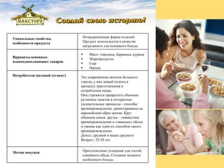 Уникальные свойства,  особенности продукта Нетрадиционная форма изделий. Продукт используется в качестве ингредиента для основного блюда. Варианты основных взаимодополняющих товаров Мясо: говядина, баранина, курица Морепродукты Сыр Овощи Потребители (целевой сегмент) Это современные жители большого города, у них новый подход к процессу приготовления и потребления пищи.  Они стремятся превратить обычные рутинные занятия в интересные увлекательные процессы - способы времяпровождения, ориентированы на европейский образ жизни. Круг  общения семья, друзья – совместное времяпровождения и «званные» обеды и ужины как один из способов такого времяпровождения. Доход: средний и выше среднего Возраст: 25-50 лет Мотив покупки Приготовление угощения для гостей, семейного обеда. Создание модного необычного блюда. 