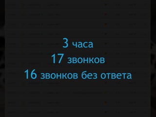 3 часа
17 звонков
16 звонков без ответа
 