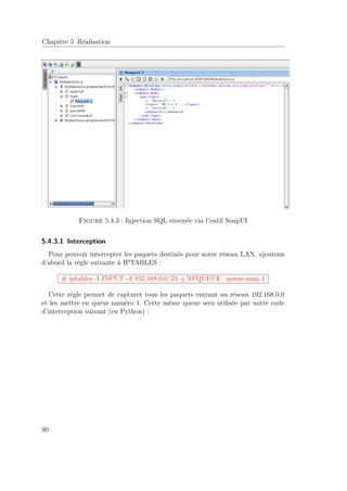 Chapitre 5 Réalisation 
Figure 5.4.3 : Injection SQL envoyée via l’outil SoapUI 
5.4.3.1 Interception 
Pour pouvoir intercepter les paquets destinés pour notre réseau LAN, ajoutons 
d’abord la règle suivante à IPTABLES : 
# iptables -I INPUT -d 192.168.0.0/24 -j NFQUEUE –queue-num 1 
Cette règle permet de capturer tous les paquets entrant au réseau 192.168.0.0 
et les mettre en queue numéro 1. Cette même queue sera utilisée par notre code 
d’interception suivant (en Python) : 
90 
 
