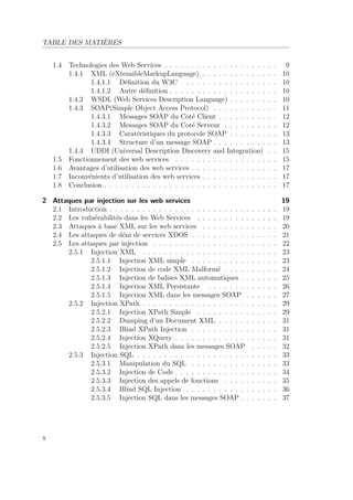 TABLE DES MATIÈRES 
1.4 Technologies des Web Services . . . . . . . . . . . . . . . . . . . . . 9 
1.4.1 XML (eXtensibleMarkupLanguage) . . . . . . . . . . . . . . 10 
1.4.1.1 Définition du W3C . . . . . . . . . . . . . . . . . 10 
1.4.1.2 Autre définition . . . . . . . . . . . . . . . . . . . . 10 
1.4.2 WSDL (Web Services Description Language) . . . . . . . . . 10 
1.4.3 SOAP(Simple Object Access Protocol) . . . . . . . . . . . . 11 
1.4.3.1 Messages SOAP du Coté Client . . . . . . . . . . . 12 
1.4.3.2 Messages SOAP du Coté Serveur . . . . . . . . . . 12 
1.4.3.3 Caratéristiques du protocole SOAP . . . . . . . . . 13 
1.4.3.4 Structure d’un message SOAP . . . . . . . . . . . . 13 
1.4.4 UDDI (Universal Description Discovery and Integration) . . 15 
1.5 Fonctionnement des web services . . . . . . . . . . . . . . . . . . . 15 
1.6 Avantages d’utilisation des web services . . . . . . . . . . . . . . . . 17 
1.7 Inconvénients d’utilisation des web services . . . . . . . . . . . . . . 17 
1.8 Conclusion . . . . . . . . . . . . . . . . . . . . . . . . . . . . . . . . 17 
2 Attaques par injection sur les web services 19 
2.1 Introduction . . . . . . . . . . . . . . . . . . . . . . . . . . . . . . . 19 
2.2 Les vulnérabilités dans les Web Services . . . . . . . . . . . . . . . 19 
2.3 Attaques à base XML sur les web services . . . . . . . . . . . . . . 20 
2.4 Les attaques de déni de services XDOS . . . . . . . . . . . . . . . . 21 
2.5 Les attaques par injection . . . . . . . . . . . . . . . . . . . . . . . 22 
2.5.1 Injection XML . . . . . . . . . . . . . . . . . . . . . . . . . 23 
2.5.1.1 Injection XML simple . . . . . . . . . . . . . . . . 23 
2.5.1.2 Injection de code XML Malformé . . . . . . . . . . 24 
2.5.1.3 Injection de balises XML automatiques . . . . . . . 25 
2.5.1.4 Injection XML Persistante . . . . . . . . . . . . . 26 
2.5.1.5 Injection XML dans les messages SOAP . . . . . . 27 
2.5.2 Injection XPath . . . . . . . . . . . . . . . . . . . . . . . . . 29 
2.5.2.1 Injection XPath Simple . . . . . . . . . . . . . . . 29 
2.5.2.2 Dumping d’un Document XML . . . . . . . . . . . 31 
2.5.2.3 Blind XPath Injection . . . . . . . . . . . . . . . . 31 
2.5.2.4 Injection XQuery . . . . . . . . . . . . . . . . . . . 31 
2.5.2.5 Injection XPath dans les messages SOAP . . . . . 32 
2.5.3 Injection SQL . . . . . . . . . . . . . . . . . . . . . . . . . . 33 
2.5.3.1 Manipulation du SQL . . . . . . . . . . . . . . . . 33 
2.5.3.2 Injection de Code . . . . . . . . . . . . . . . . . . . 34 
2.5.3.3 Injection des appels de fonctions . . . . . . . . . . 35 
2.5.3.4 Blind SQL Injection . . . . . . . . . . . . . . . . . 36 
2.5.3.5 Injection SQL dans les messages SOAP . . . . . . . 37 
x 
 