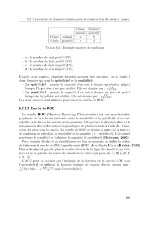 6.2 L’ensemble de données utilisées pour la construction du vecteur moyen 
Classe Estimée 
normal pourriel 
Classe normal a b 
Réelle pourriel c d 
Table 6.2 : Exemple matrice de confusion 
– a : le nombre de vrai positif (VP). 
– b : le nombre de faux positif (FP). 
– c : le nombre de faux négatif (FN). 
– d : le nombre de vrai négatif (VN). 
D’après cette matrice, plusieurs formules peuvent être extraites ; on se limite à 
deux formules qui sont la spécificité et la senibilité. 
– La spécificité : mesure la capacité d’un test à donner un résultat négatif 
V N +FP . 
lorsque l’hypothèse n’est pas vérifiée. Elle est donnée par : V N 
– La sensibilité : mesure la capacité d’un test à donner un résultat positif 
lorsqu’une hypothèse est vérifiée. Elle est donnée par : V P 
V P +FN . 
Ces deux mesures sont utilisées pour tracer la courbe de ROC. 
6.2.1.2 Courbe de ROC 
La courbe ROC (Receiver Operating Characteristic) est une représentation 
graphique de la relation existante entre la sensibilité et la spécificité d’un test, 
calculée pour toutes les valeurs seuils possibles. Elle permet la détermination et la 
comparaison des performances diagnostiques de plusieurs tests à l’aide de l’évalu-ation 
des aires sous la courbe. La courbe de ROC se dessine à partir de la matrice 
de confusion en calculant la sensibilité et la quantité ( 1 - spécificité). L’ordonnée 
représente la sensiblité et l’abscisse la quantité (1-spécificité) [Delacour, 2005]. 
Pour pouvoir décider si un classificateur est bon ou mauvais, on utilise la notion 
de l’aire sous la courbe de ROC (appelée aussi AUC : Area Under Curve)[Hanley, 1982]. 
Plus cette aire est grande, plus la courbe s’écarte de la ligne du classificateur aléa-toire 
et se rapproche du coude du classificateur idéal (qui passe de (0, 0) à (0, 1) 
à (1, 1)). 
L’AUC peut se calculer par l’intégrale de la fonction de la courbe ROC sous 
l’intervale[0 1] en utilisant la fameuse formule de trapèze décrite comme suit : 
bf(x) (b − a)f(b)+f(a) 
a 
2 sous l’intervalle[0 1]. 
101 
 