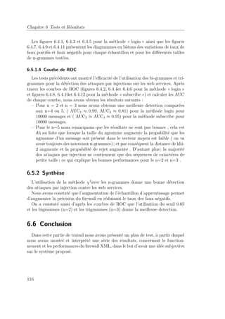 Chapitre 6 Tests et Résultats 
Les figures 6.4.1, 6.4.3 et 6.4.5 pour la méthode « login » ainsi que les figures 
6.4.7, 6.4.9 et 6.4.11 présentent les diagrammes en bâtons des variations de taux de 
faux postifis et faux négatifs pour chaque échantillon et pour les différentes tailles 
de n-grammes testées. 
6.5.1.4 Courbe de ROC 
Les tests précédents ont montré l’efficacité de l’utilisation des bi-grammes et tri-grammes 
pour la détéction des attaques par injections sur les web services. Après 
tracer les courbes de ROC (figures 6.4.2, 6.4.4et 6.4.6 pour la méthode « login » 
et figures 6.4.8, 6.4.10et 6.4.12 pour la méthode « subscribe ») et calculer les AUC 
de chaque courbe, nous avons obtenu les résultats suivants : 
– Pour n = 2 et n = 3 nous avons obtenus une meilleure detection comparées 
aux n=4 ou 5, ( AUC2  0.99, AUC3  0.81) pour la méthode login pour 
10000 messages et ( AUC2  AUC3  0.95) pour la méthode subscribe pour 
10000 messages. 
– Pour le n=5 nous remarquons que les résultats ne sont pas bonnes , cela est 
dû au faite que lorsque la taille du ngramme augmente la propabilité que les 
ngramme d’un message soit présent dans le vecteur moyen est faible ( on va 
avoir toujours des nouveaux n-grammes) ; et par conséquent la distance de khi- 
2 augmente et la propabilité de rejet augmente . D’autant plus ; la majorité 
des attaques par injection ne contiennent que des séquences de catactéres de 
petite taille ; ce qui explique les bonnes performances pour le n=2 et n=3 . 
6.5.2 Synthèse 
L’utilisation de la méthode 2avec les n-grammes donne une bonne détection 
des attaques par injection contre les web services. 
Nous avons constaté que l’augmentation de l’échantillon d’apprentissage permet 
d’augmenter la précision du firewall en réduisant le taux des faux négatifs. 
On a constaté aussi d’après les courbes de ROC que l’utilisation du seuil 0.05 
et les bigrammes (n=2) et les trigrammes (n=3) donne la meilleure detection. 
6.6 Conclusion 
Dans cette partie de travail nous avons présenté un plan de test, à partir duquel 
nous avons montré et interprété une série des résultats, concernant le fonction-nement 
et les performances du firewall XML, dans le but d’avoir une idée subjective 
sur le système proposé. 
116 
 
