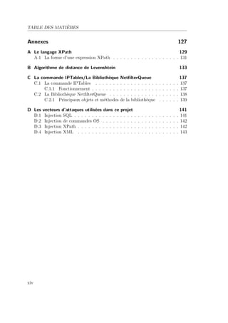 TABLE DES MATIÈRES 
Annexes 127 
A Le langage XPath 129 
A.1 La forme d’une expression XPath . . . . . . . . . . . . . . . . . . . 131 
B Algorithme de distance de Levenshtein 133 
C La commande IPTables/La Bibliothèque NetfilterQueue 137 
C.1 La commande IPTables . . . . . . . . . . . . . . . . . . . . . . . . 137 
C.1.1 Fonctionnement . . . . . . . . . . . . . . . . . . . . . . . . . 137 
C.2 La Bibliothèque NetfilterQueue . . . . . . . . . . . . . . . . . . . . 138 
C.2.1 Principaux objets et méthodes de la bibliothèque . . . . . . 139 
D Les vecteurs d’attaques utilisées dans ce projet 141 
D.1 Injection SQL . . . . . . . . . . . . . . . . . . . . . . . . . . . . . . 141 
D.2 Injection de commandes OS . . . . . . . . . . . . . . . . . . . . . . 142 
D.3 Injection XPath . . . . . . . . . . . . . . . . . . . . . . . . . . . . . 142 
D.4 Injection XML . . . . . . . . . . . . . . . . . . . . . . . . . . . . . 143 
xiv 
 